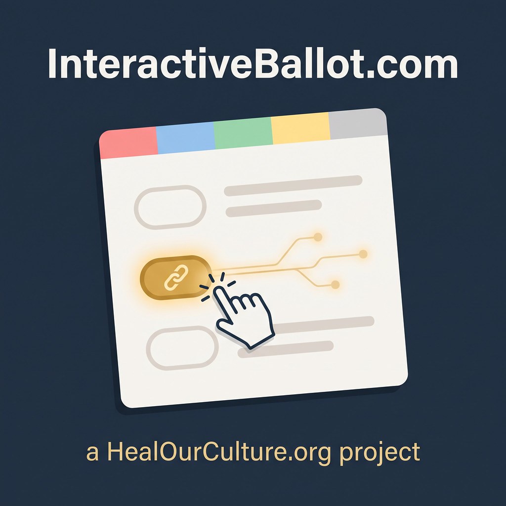 The image features a logo against a dark blue background with white text reading "InteractiveBallot.com" at the top. In the center, a stylized graphic of a ballot paper displays placeholder text lines and a glowing option item. A cursor hand icon is shown clicking on this highlighted ballot option, which features a link icon. At the bottom of the image, smaller white text indicates that this is "a HealOurCulture.org project".